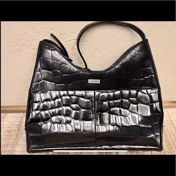 OROTON EMBOSSED CROC HOBO SHOULDER BAG PURSE BLACK - Picture 1 of 12